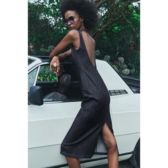 Zara Dresses & Skirts - ZARA Sleeveless Backless Denim Midi Dress Dark Wash Back Zip‎ Slit Size Small
